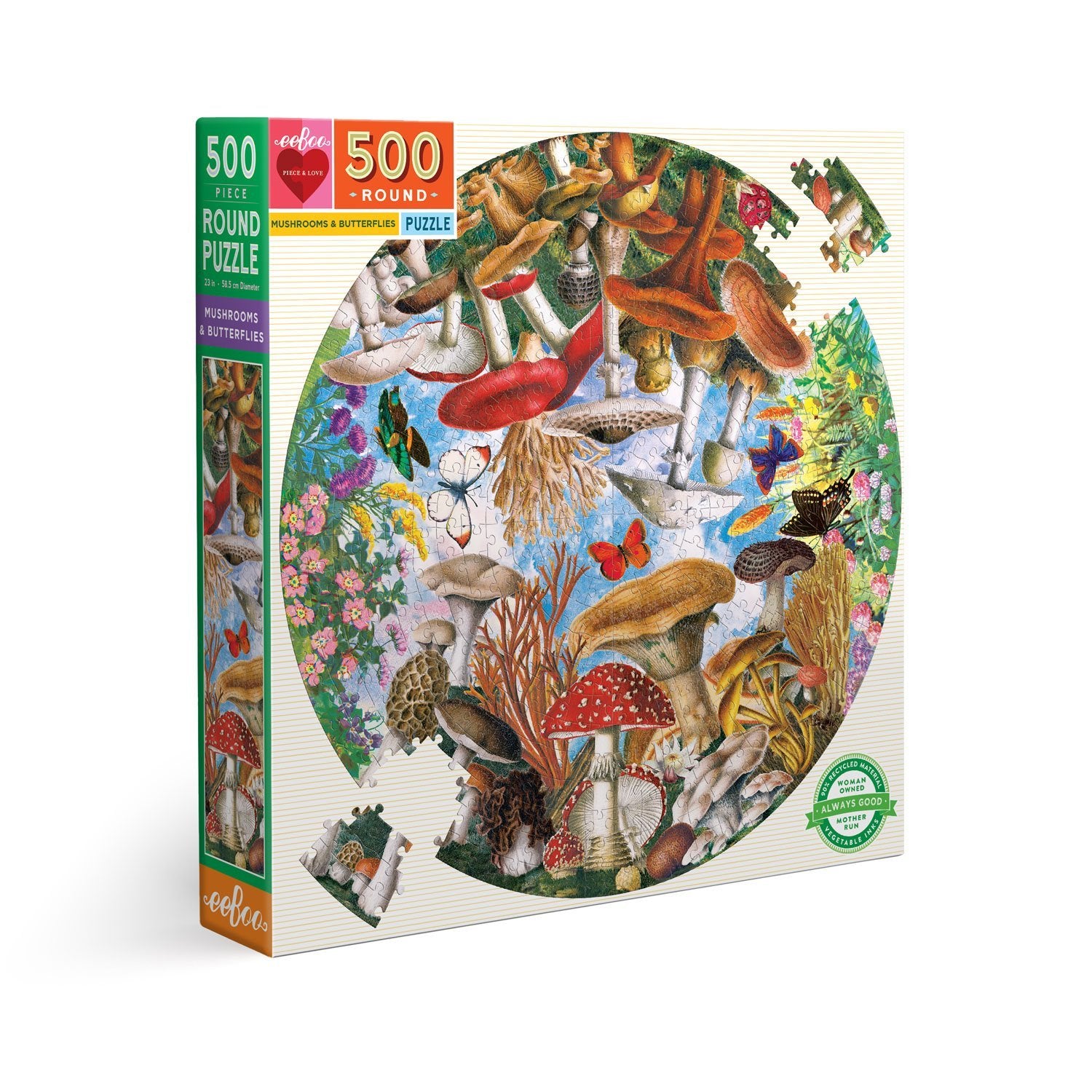 Mushrooms and Butterflies 500 Piece Round Puzzle